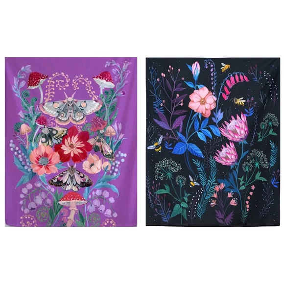 2 Cloth Tapestries Bohemian mushrooms moths floral flower wall tapestry decor